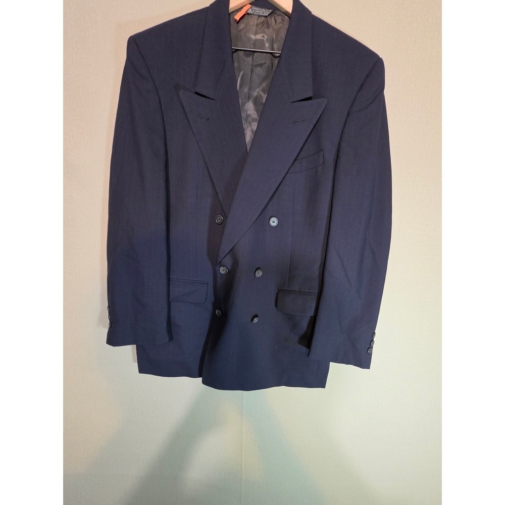 Christian Dior Double Breasted Pinstripe Blazer Navy Blue Peak Lapel USA Made